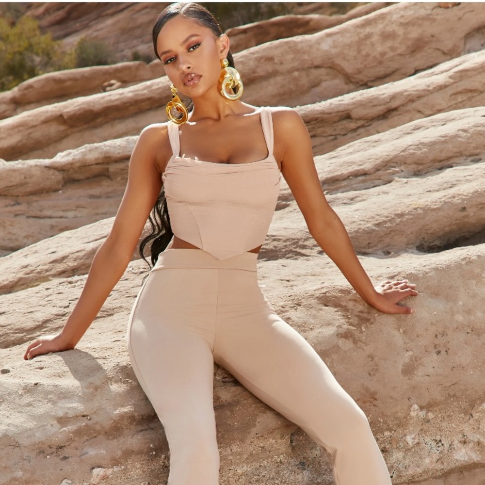 OH POLLY High Waisted Split Hem Trousers in Beige
